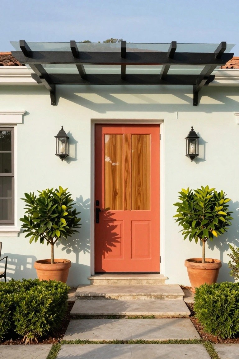 Pale mint-green stucco house exterior with a vibrant orange wood-paneled front door flanked by black lanterns and potted citrus trees on stone steps under a glass-roofed pergola.