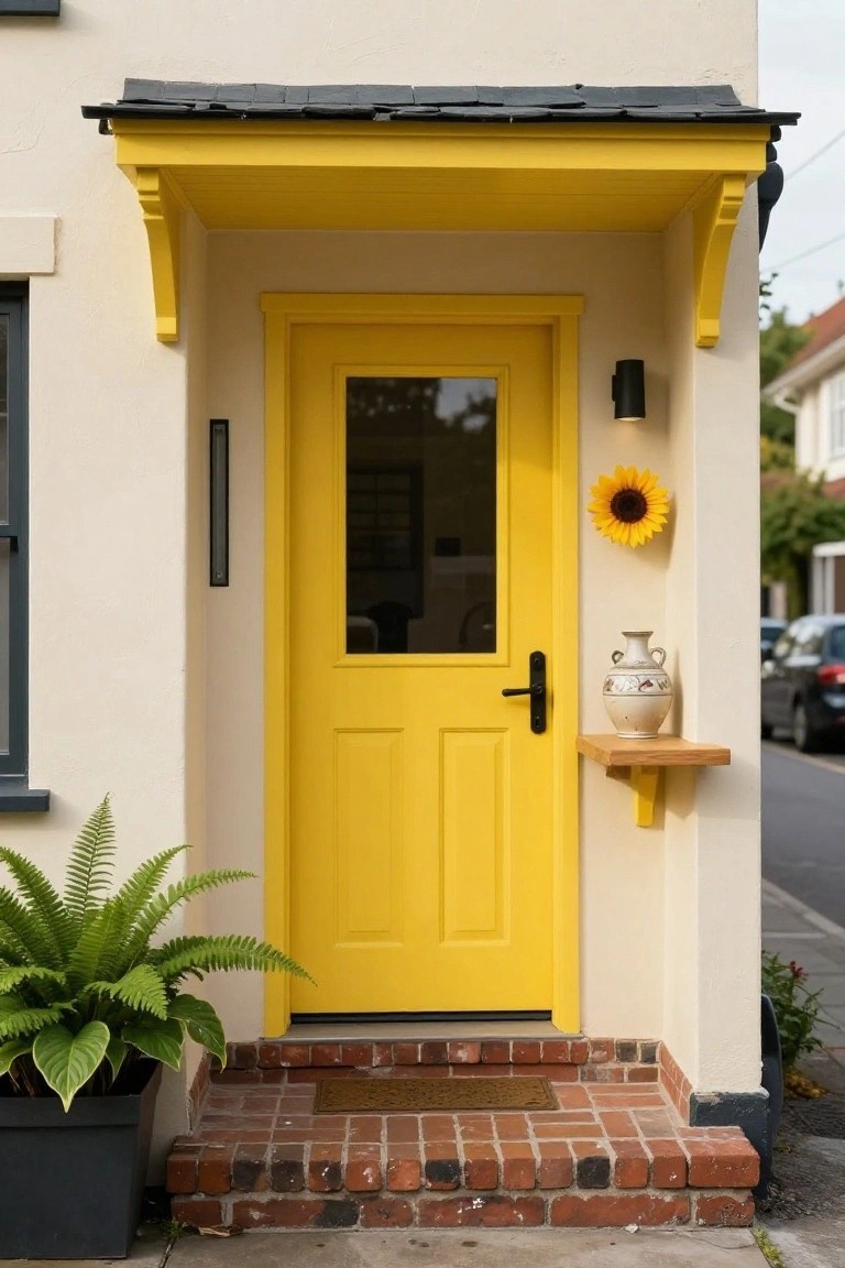 Bright yellow front door with glass panel under a yellow porch awning on a cream-colored house wall, flanked by a potted fern plant, hanging sunflower, wall light, and white ceramic vase on a wooden shelf above brick steps.