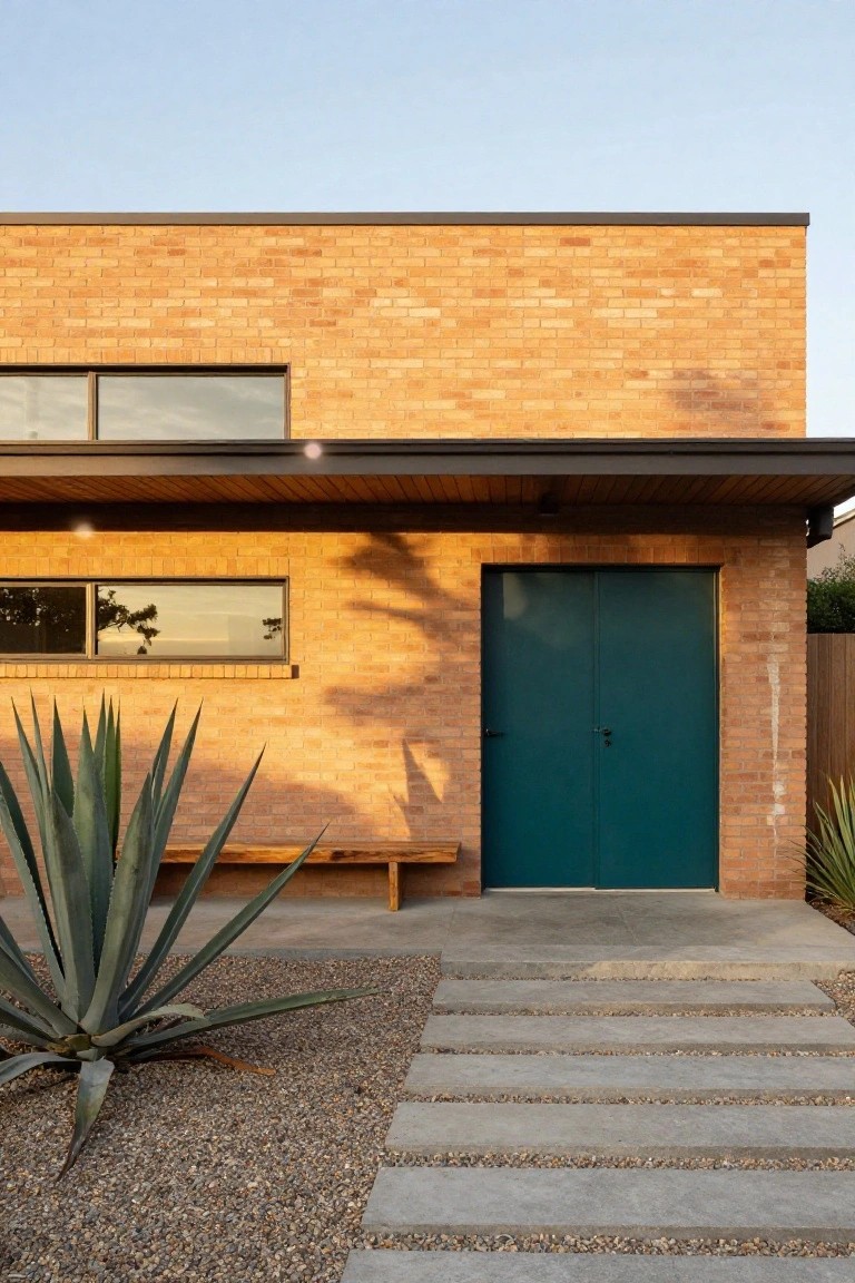 Modern brick house exterior with teal double door, wooden bench, agave plants, pebble ground cover, and concrete steps leading to the entry.
