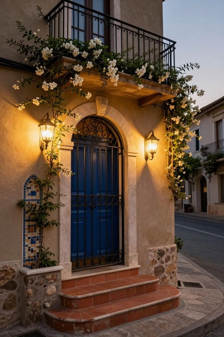Beige stucco house facade with arched blue wrought-iron door, flanked by lanterns and climbing white flowers, wrought-iron balcony above, terracotta steps, and tiled mosaic details at dusk.