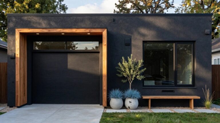 Modern house facade with black stucco walls, vertical wooden cladding around the entry door and bench, large glass window, black garage door, potted olive tree, blue agave plants, and gravel ground cover.