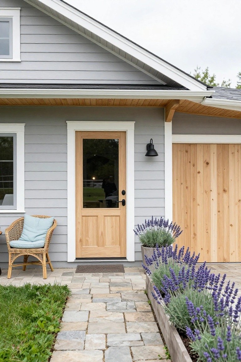 Gray clapboard house exterior with light wood front door, black wall lantern, wood garage door, wicker chair with blue cushion on porch, lavender plants in wooden beds along stone path to entry.