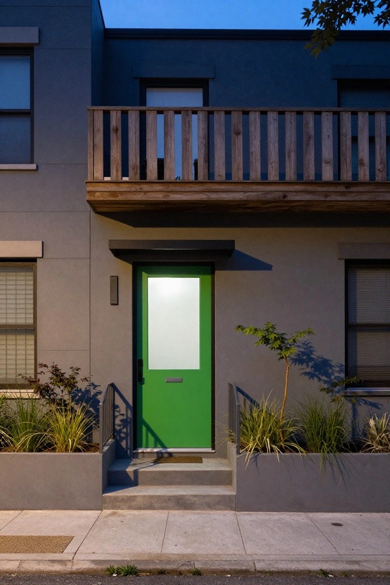 Modern two-story house with dark gray stucco walls, a bright green front door with frosted glass panel, wooden balcony overhead, metal railing, potted grasses flanking the entry steps, and a small tree nearby at dusk.