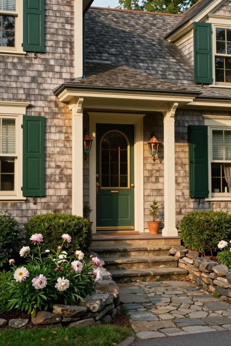 Shingle-clad house facade with green front door, matching green shutters on windows, cream trim, copper lanterns flanking the door, stone steps, and peony plants in front.