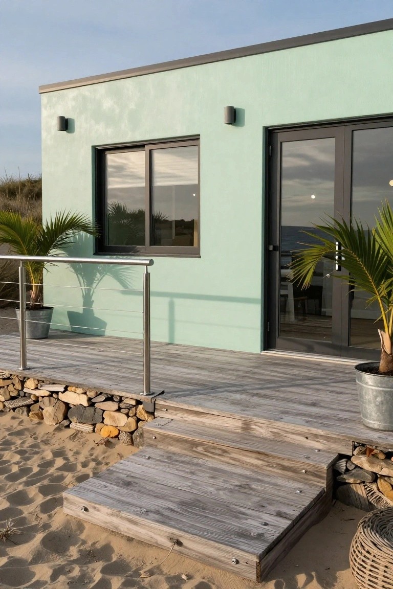 A small modern house painted mint green with black-framed windows and doors, a wooden deck with metal railings, potted palms, and stone walls on sandy dunes near the ocean.