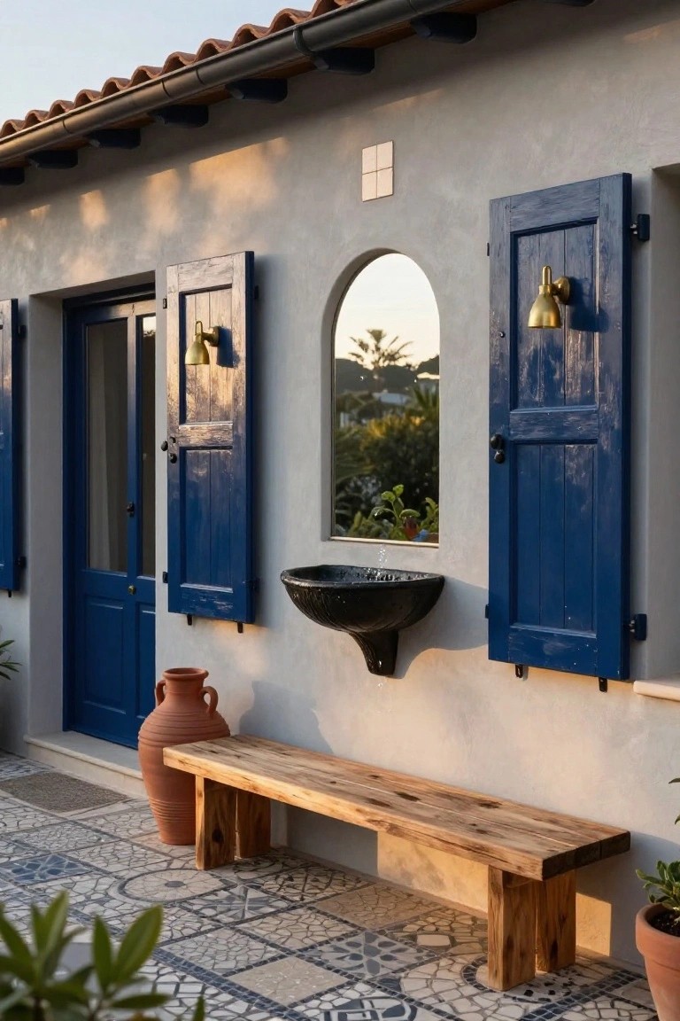 Pale stucco house exterior with navy blue wooden shutters and door, arched window reflecting sunset, black wall-mounted sink with water, terracotta pot, wooden bench, potted plants, and blue-gray patterned tile floor.