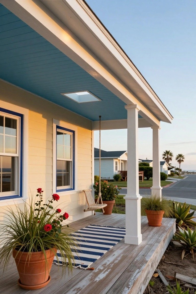 Pale yellow house with blue window trim and blue porch ceiling, porch swing, potted plants, and striped rug on weathered wooden deck beside street.