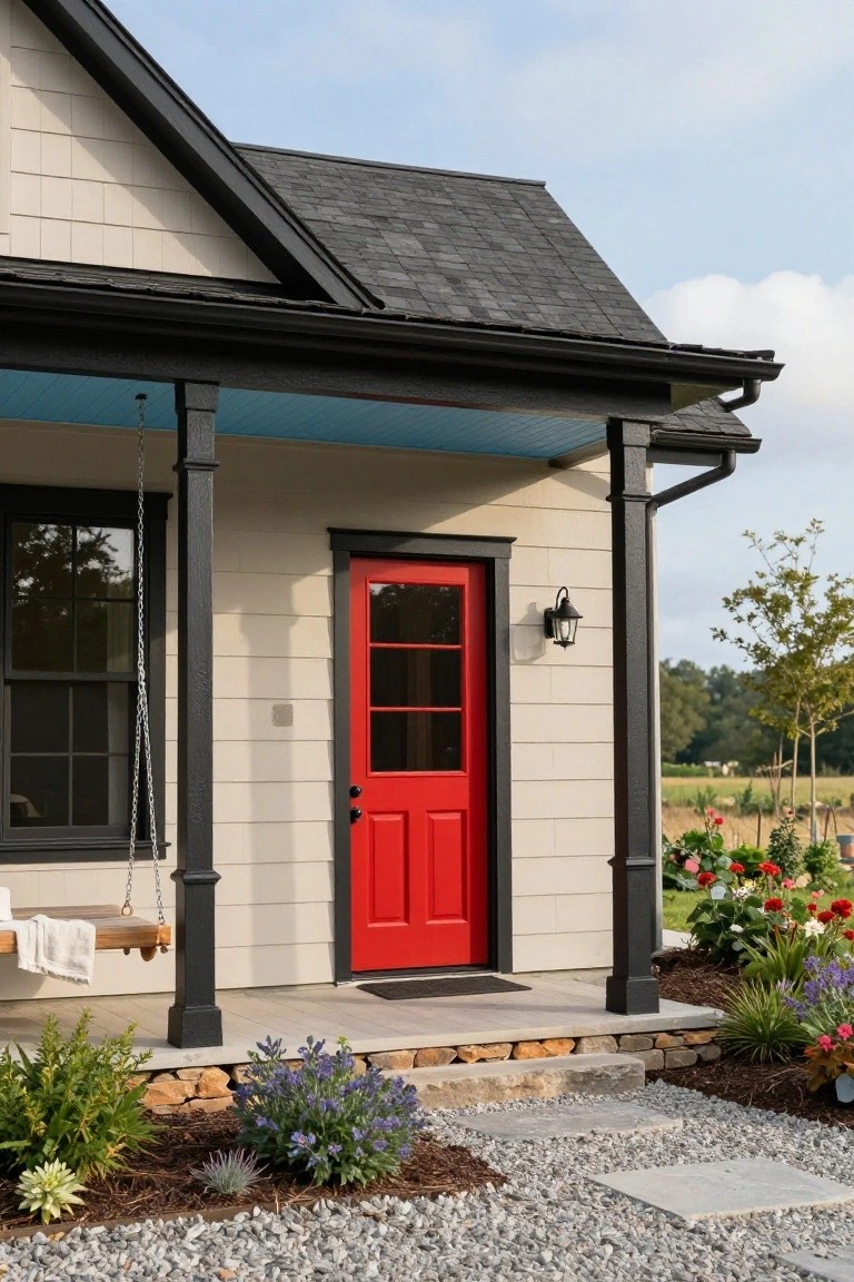 Beige house exterior with black trim, dark shingle roof, red paneled front door, porch swing, lantern light, and gravel path with plants.