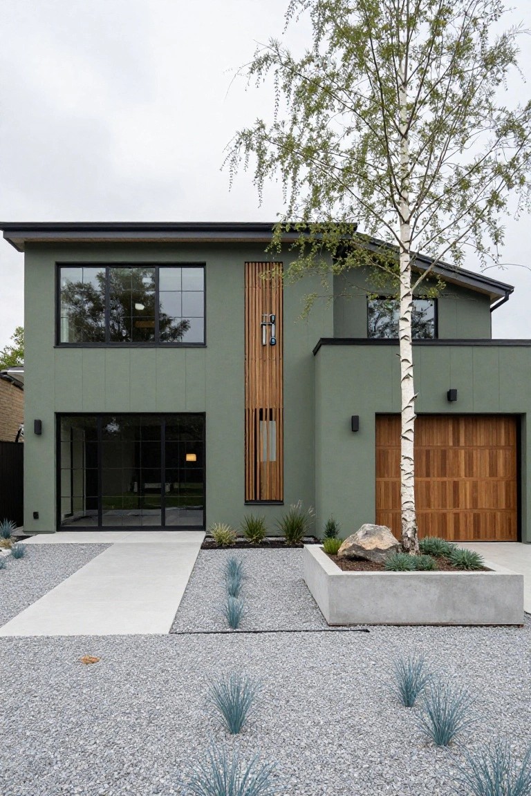 A two-story modern house with sage green siding, black metal window frames, vertical wooden slats on one side, wooden garage door, birch tree, agave plants, rocks, and gravel in the front yard.