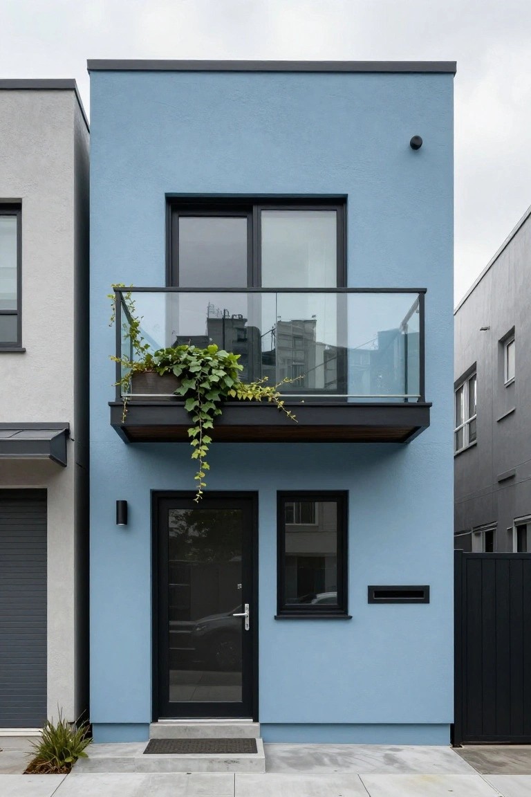 Narrow two-story modern townhouse painted light blue with black-framed windows, door, and balcony railing, ivy plants on the balcony, black garage door on adjacent gray house, concrete path and small plants in front.