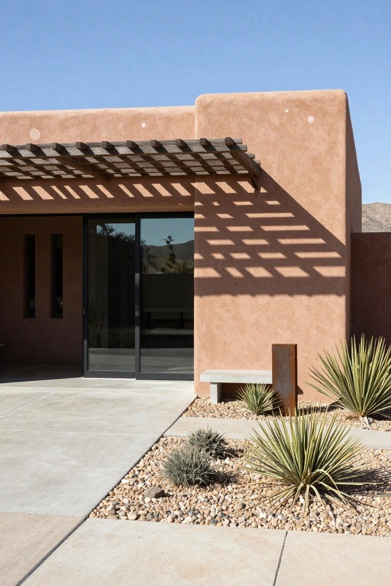 Terracotta stucco house exterior with rounded corners, wooden ramada shade structure casting shadows, black sliding glass doors, narrow vertical windows, concrete bench, rusted metal post, yucca plants, gravel mulch beds, and concrete pavers in a desert landscape under blue sky.