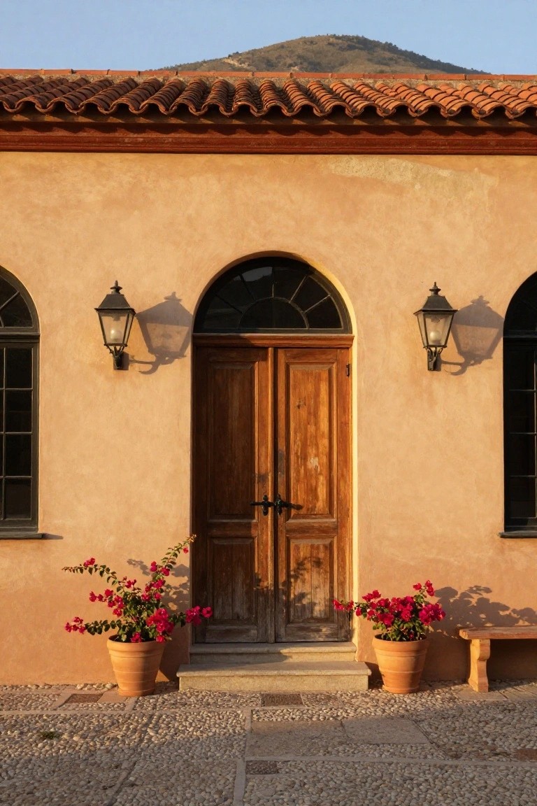 Beige stucco house exterior with arched windows, black lantern lights, dark wooden double door, large terracotta pots of red bougainvillea flanking the entry, terracotta tile roof, pebbled stone path, and hill in background under blue sky.