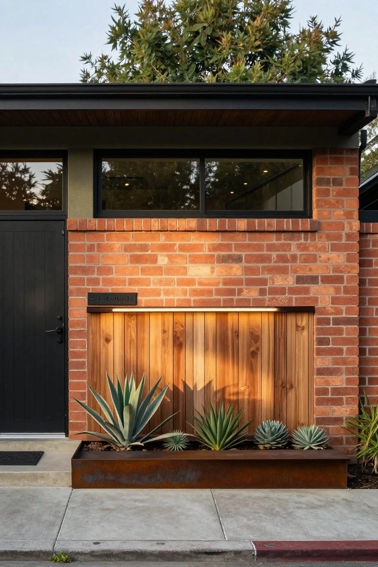 Red brick house exterior with black front door, horizontal wooden panel, slim black-framed windows, and agave plants in a corten steel planter box next to the entry steps.