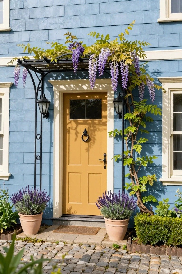 Blue shingle siding house with yellow front door under black wrought-iron arbor draped in purple wisteria, flanked by black lanterns, lavender pots on steps, and cobblestone path.