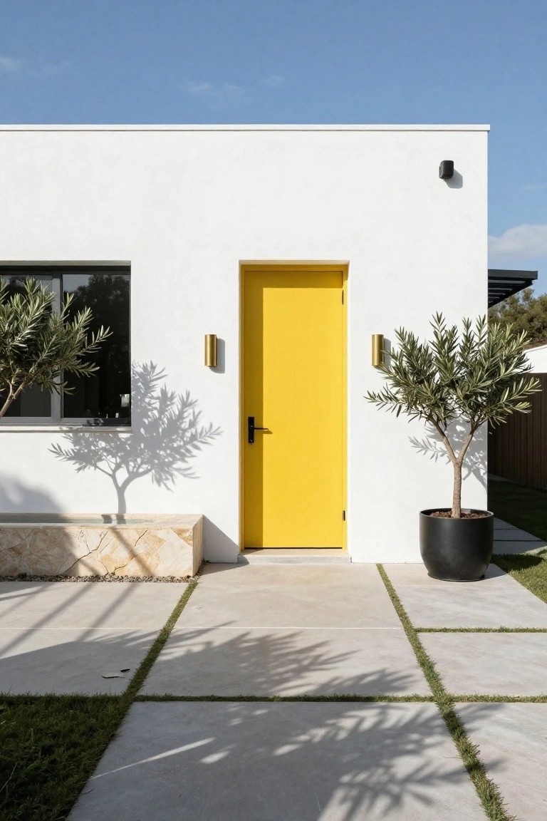 White modern house facade with yellow front door, gold wall sconces, potted olive trees on either side, stone bench base, and grid-patterned tile pathway under blue sky.
