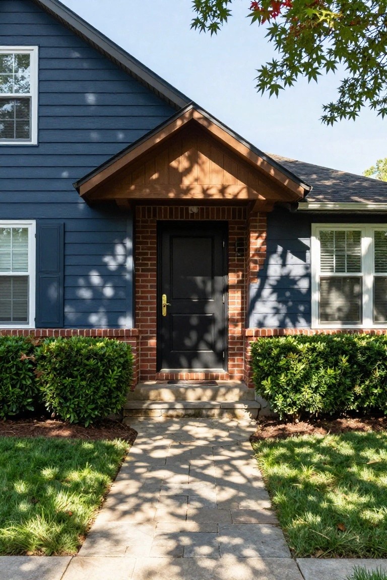 Brick Door Surround on Navy Siding