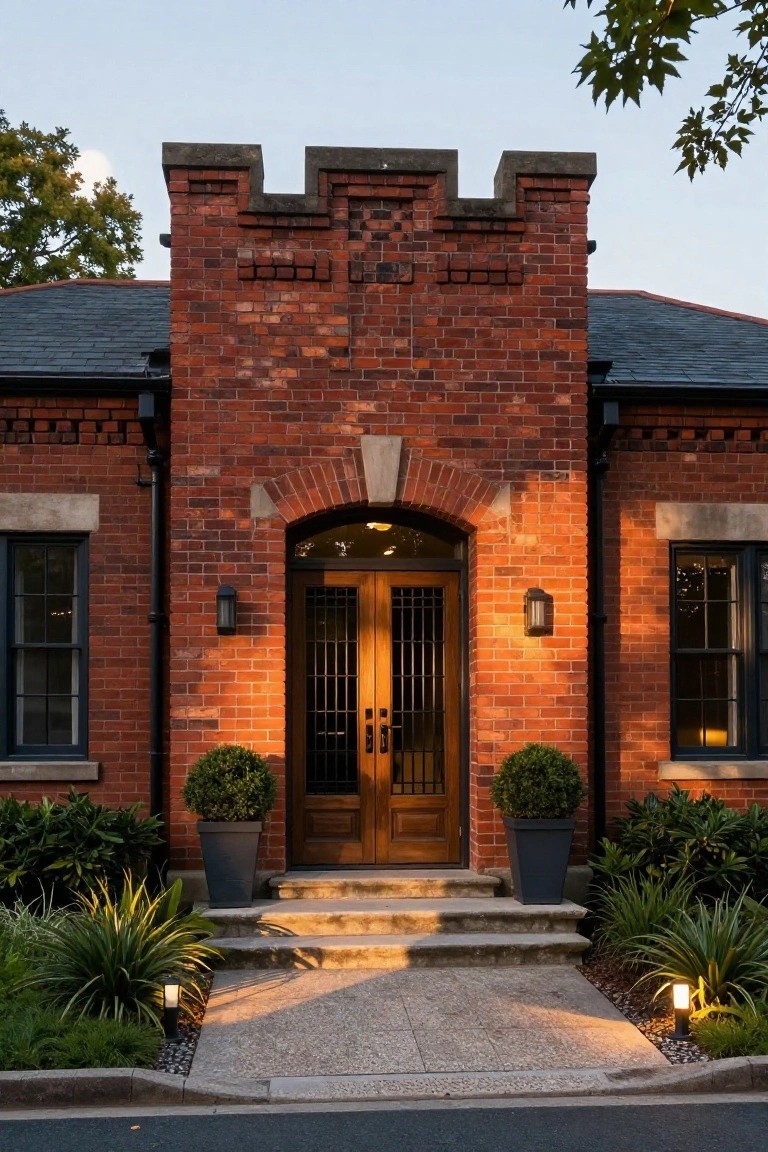 Red brick house exterior with central turret, arched wooden double doors with black grille, dark-framed windows, black lanterns, potted boxwoods, and stone steps leading to the entry at dusk with garden lights and plants.