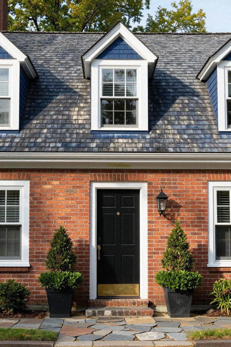 Brick house exterior with navy blue shingled gables and dormer windows, white window trim, black front door flanked by large black pots of plants, lantern light, and stone walkway.