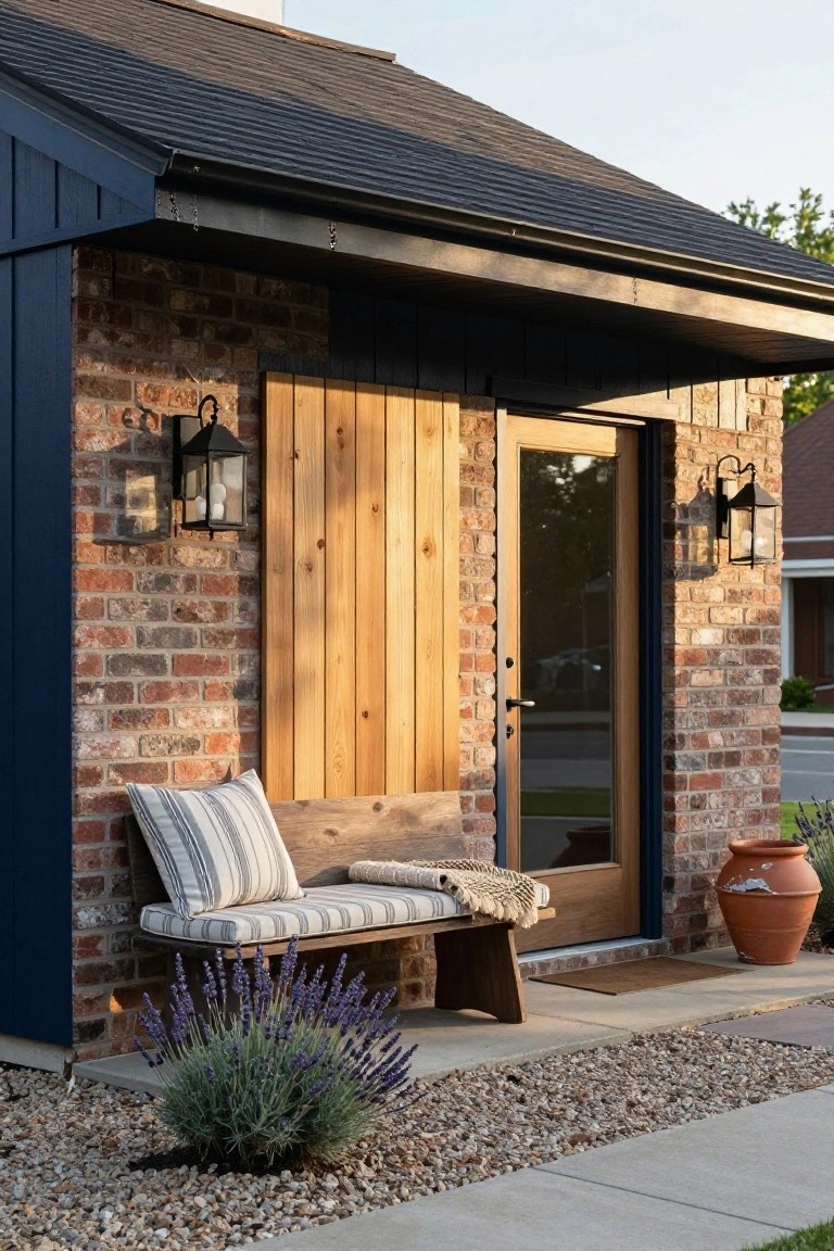 House exterior with navy blue vertical siding on the gable, red brick walls at base and sides, wooden front door with glass panel and shutters, built-in wooden bench with striped cushions and throw blanket, black lanterns, lavender plant, terracotta pot, gravel mulch, and concrete path.