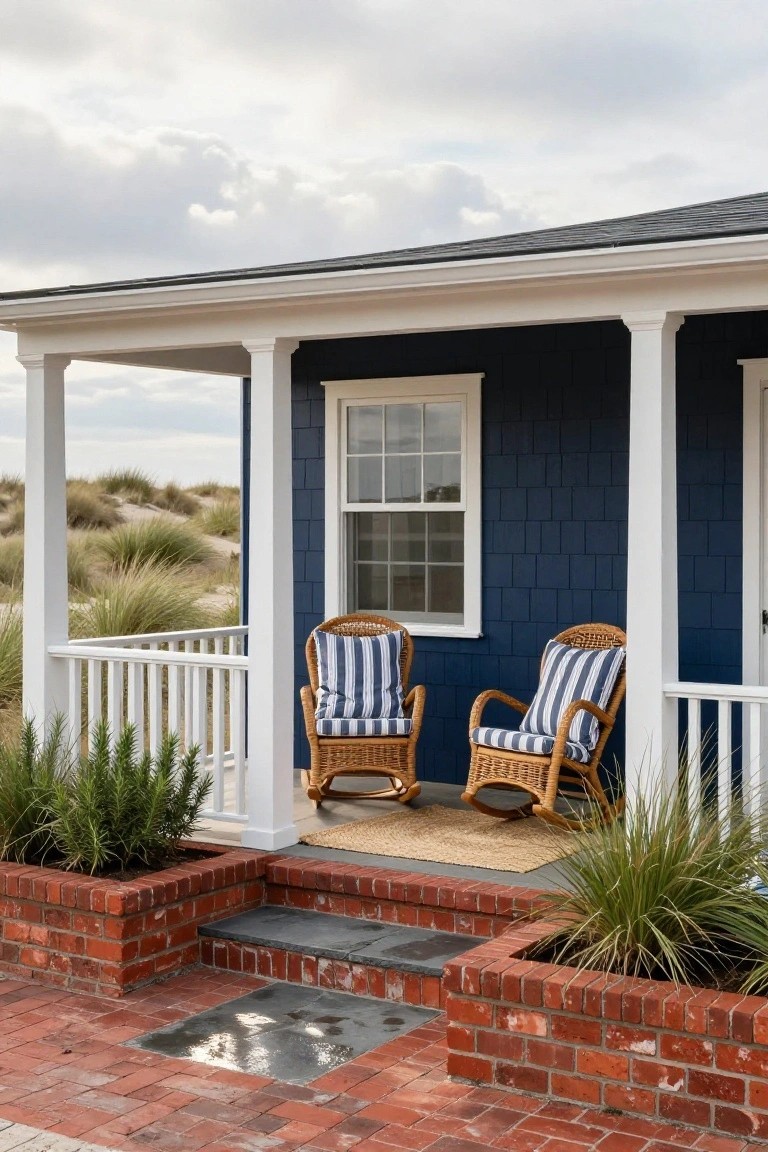 Navy blue shingled house with white porch columns and railing, two wicker chairs with blue-and-white cushions on a seagrass rug, red brick steps and planters with plants, beach dunes in background.