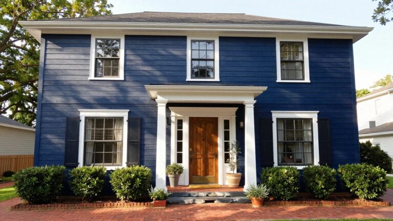 Two-story red brick house with navy blue shutters on the windows, white columns supporting a covered porch with a wooden door, flanked by boxwood shrubs and a slate front walkway.