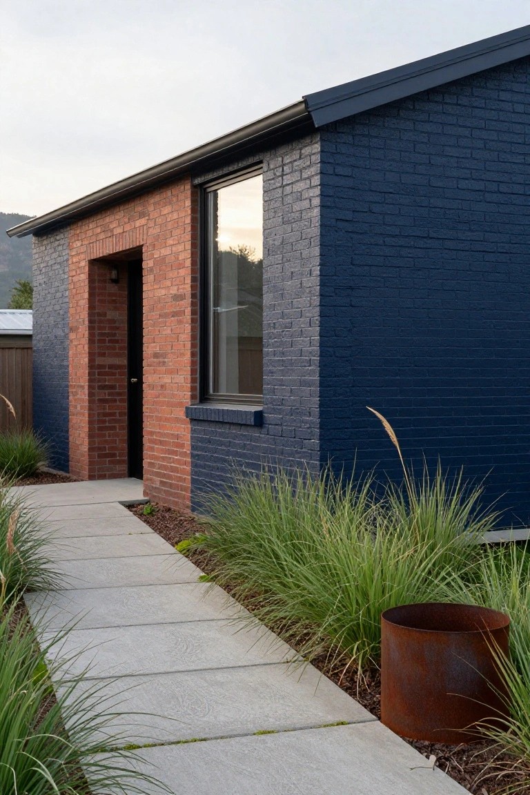 Exterior of a single-story brick house with navy blue painted brick on most walls, red brick framing the black front door and adjacent window, a concrete slab pathway leading to the entrance, ornamental grasses along the sides, and a large rusted metal planter nearby.