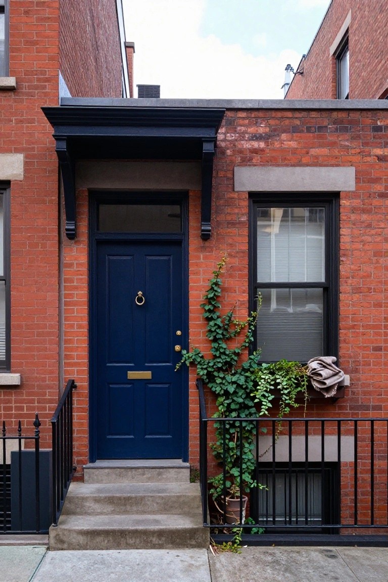 Red brick rowhouse exterior with navy blue front door featuring gold knocker and letter slot, ivy climbing the adjacent wall, black window frames, and concrete steps with iron railing.