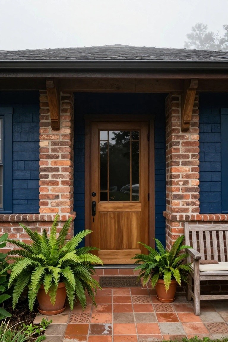Navy blue shingle siding house exterior with brick pillars on either side of a wooden front door with glass panels, large potted ferns flanking the entry, wooden bench to the right, and terracotta tile porch under a covered entryway.