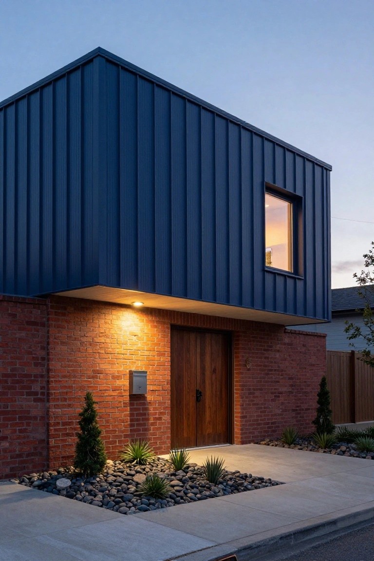 House exterior featuring navy blue corrugated metal cladding on the upper section above a red brick base, wooden double doors, entry light, small plants, river rocks, and agave in the front garden bed at dusk.