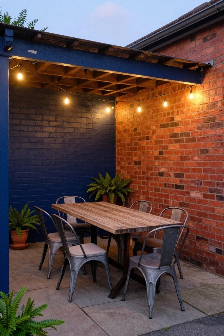 Outdoor dining patio under a navy blue painted wooden pergola against one navy painted brick wall and one red brick wall, featuring a wooden table with six metal chairs, potted ferns, string lights, and paved flooring.