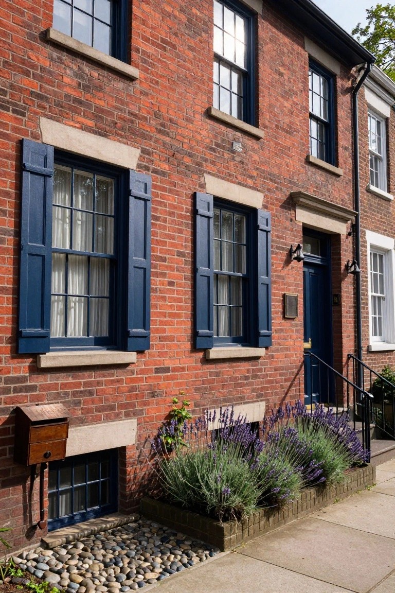 Red brick rowhouse exterior featuring navy blue shutters on multi-pane windows, a navy blue front door with brass knocker, and a front bed of lavender plants with pebble ground cover.