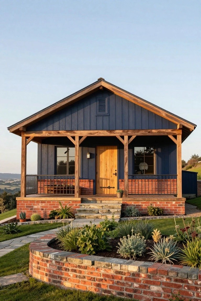A small navy blue clapboard house with timber-framed porch, yellow wood door, brick base and steps, metal railing, and curved brick garden wall surrounded by plants on a grassy hillside.