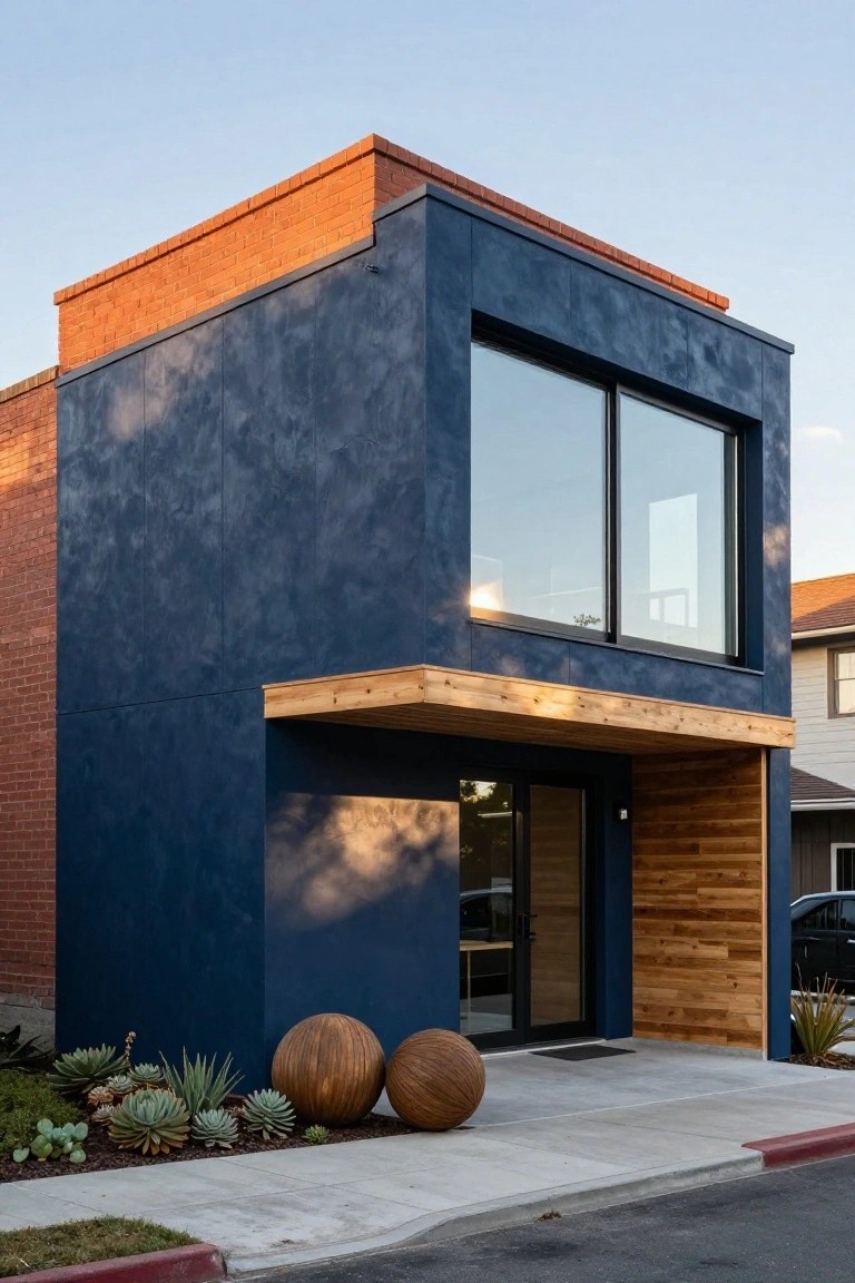 Two-story house exterior with navy blue textured stucco walls, orange brick parapet at the roofline, large glass window, wooden entry canopy, two large woven spherical planters, and succulent plants on a concrete front path.