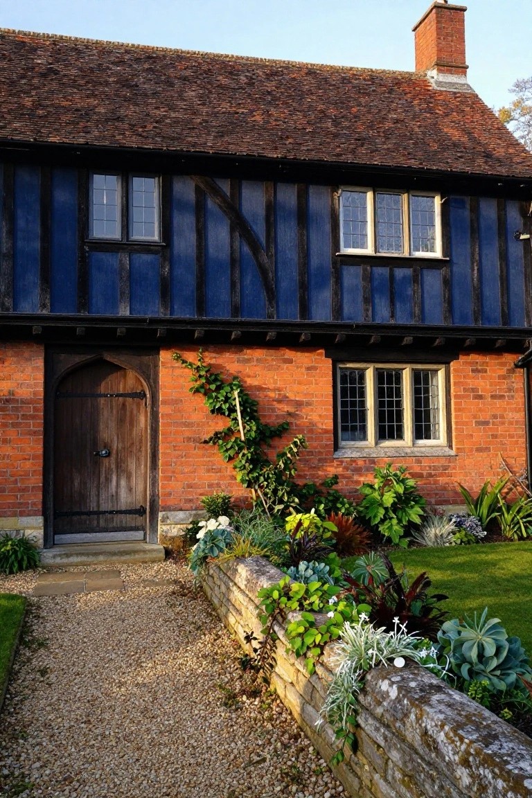 Two-story house exterior featuring navy blue painted timber framing on the upper level, red brick lower walls, an arched wooden front door, gravel path, and stone-edged planting bed with succulents and greenery.