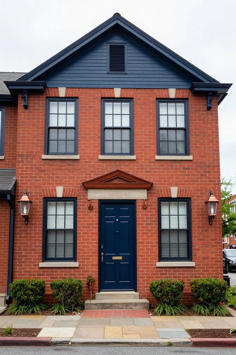 Red brick two-story house with navy blue trim on windows, gable roof, and front door flanked by copper lanterns and boxwood shrubs on a brick walkway.