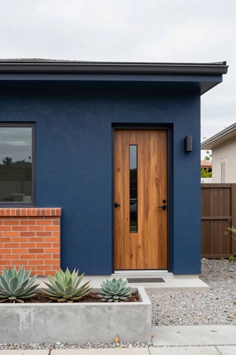 Navy blue stucco house exterior with wooden front door featuring vertical glass panel, short brick pillar beside door, concrete planters holding agave plants, and gravel ground cover.