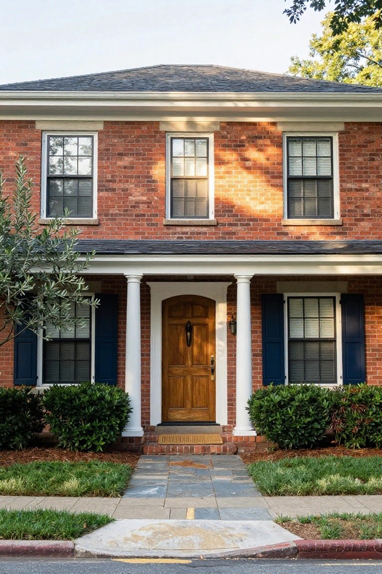 Two-story red brick house with navy blue shutters on the windows, white columns supporting a covered porch with a wooden door, flanked by boxwood shrubs and a slate front walkway.