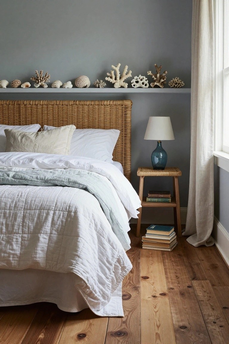 Gray-walled bedroom featuring a rattan headboard bed with white linens and a teal glass lamp on a wooden side table, with open shelves above the bed holding seashells and coral pieces.