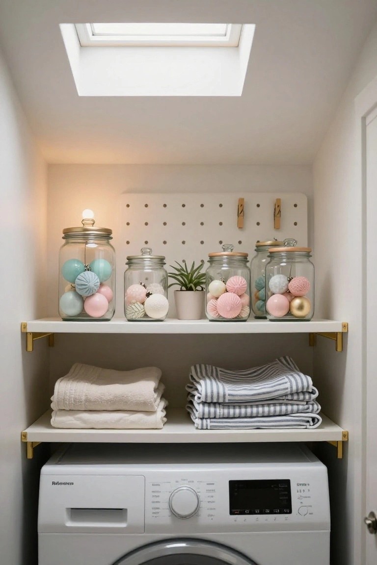 White laundry room with open shelves holding glass jars filled with pastel blue, pink, and white Christmas ornaments, small plants, towels, and a white washing machine below.