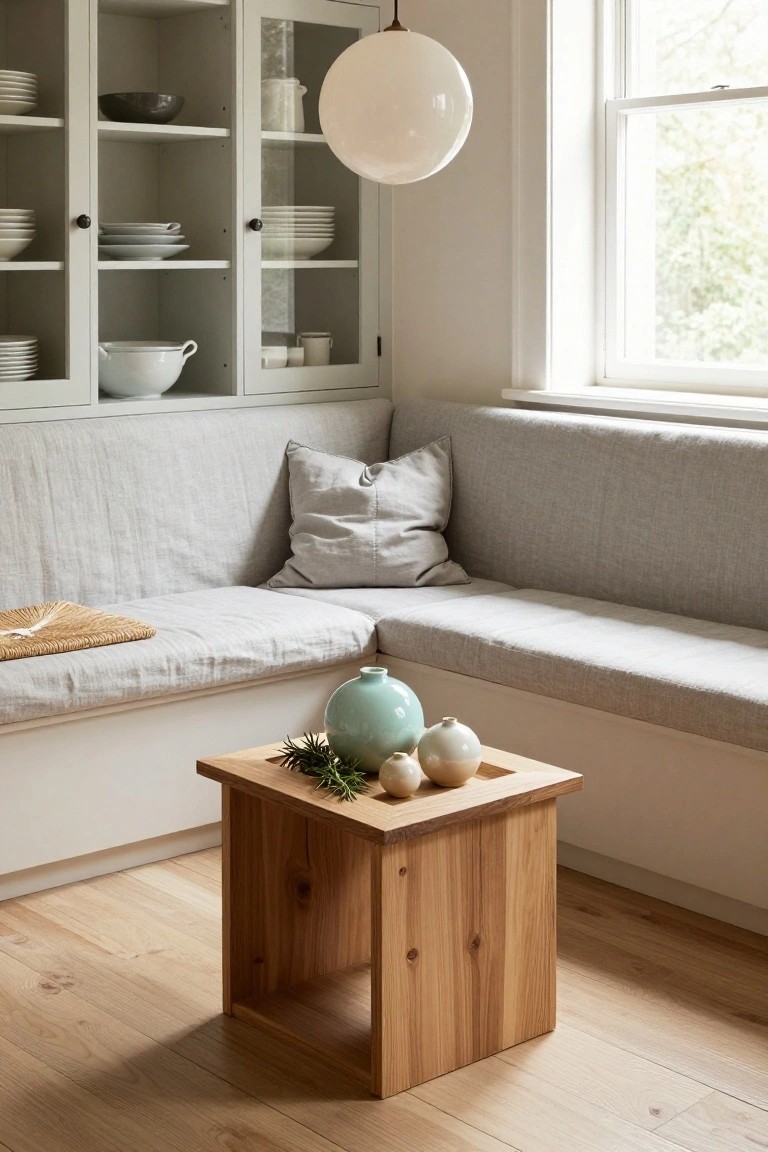 Kitchen nook with built-in gray linen bench, glass-front cabinets displaying white dishes and bowls, low square wooden side table topped with turquoise vase, two white porcelain spheres, and fir branch, pendant light overhead, window with trees outside.
