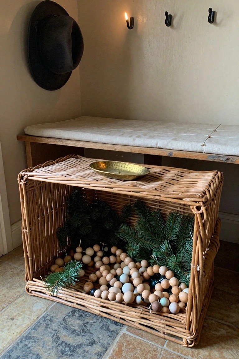 Wicker basket on the floor filled with wooden beads in beige, blue, and other soft tones mixed with green fir branches, topped with a hammered brass bowl, positioned next to a wooden bench in a beige-walled corner with a black hat hanging on the wall and a candle sconce.