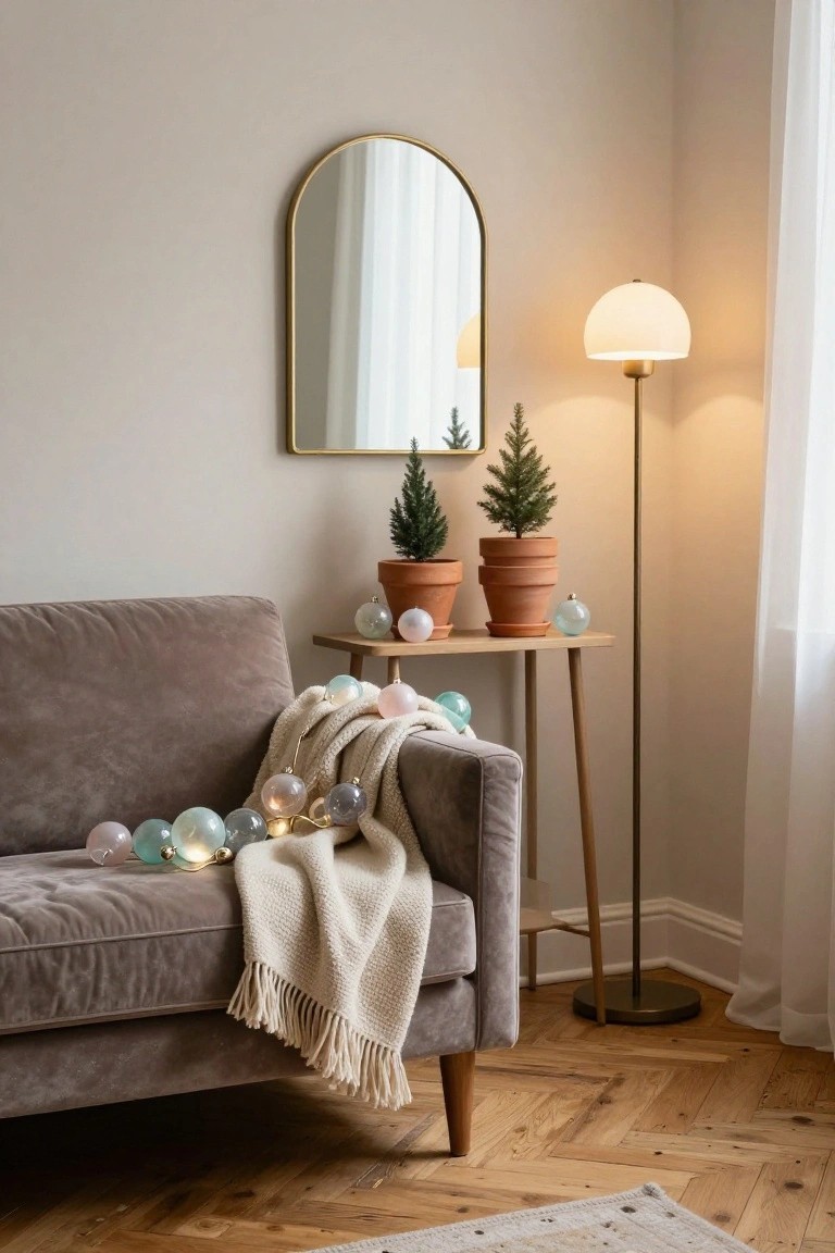 Gray velvet sofa draped with garland of glowing pastel glass Christmas ornaments in a beige room corner, next to wooden console table with two small potted fir trees and more ornaments, gold arched wall mirror, white floor lamp, and sheer curtains over window.