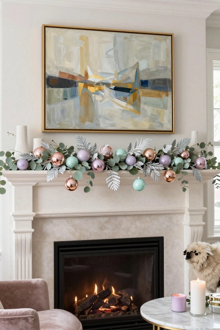 White marble fireplace mantel decorated with a garland of pastel purple, teal, and rose gold Christmas ornaments mixed with eucalyptus branches and silver leaves, above a lit gas fireplace in a living room with a pink velvet chair, white pillar candles, a small purple candle on a marble side table, and a fluffy white dog sitting nearby.