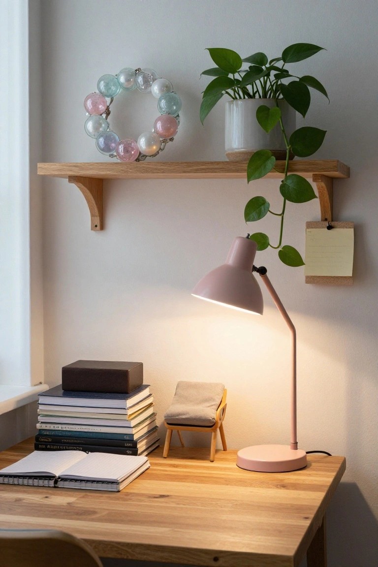 Wooden shelf above a desk holding a wreath of multicolored glass bubble orbs and a white potted plant with trailing leaves, next to a pink desk lamp, stacked books, notebooks, and a small wooden chair on a wooden desk in a light gray room.