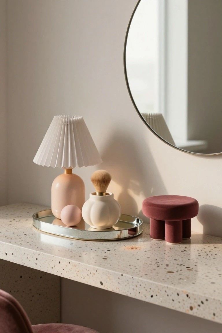 Speckled white vanity countertop with silver tray holding pink orb, cream pot with gold rim, pink lamp, and brown-handled brush, beside round mirror and maroon stool.