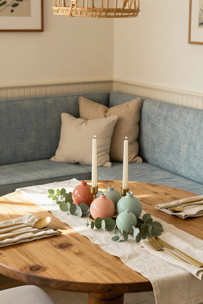 Close-up of a round wooden dining table in a corner nook with blue bench seating, set with gold flatware on white napkins, a white linen runner holding pastel pink, coral, and mint ceramic balls, eucalyptus leaves, and white taper candles in brass holders, under a rattan pendant light.