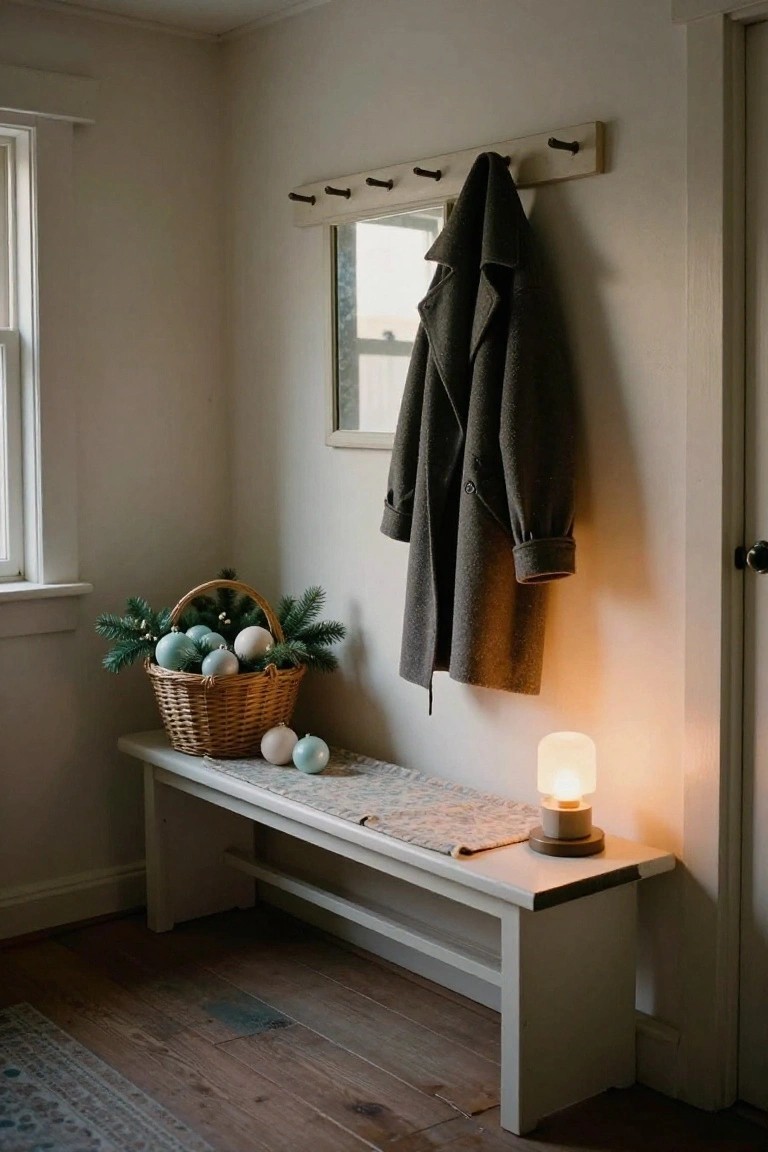 Entryway with white wooden bench holding a woven basket of blue and white Christmas ornaments and fir branches, wool coat on wall hooks above, small lamp on bench, neutral walls and wood floor.