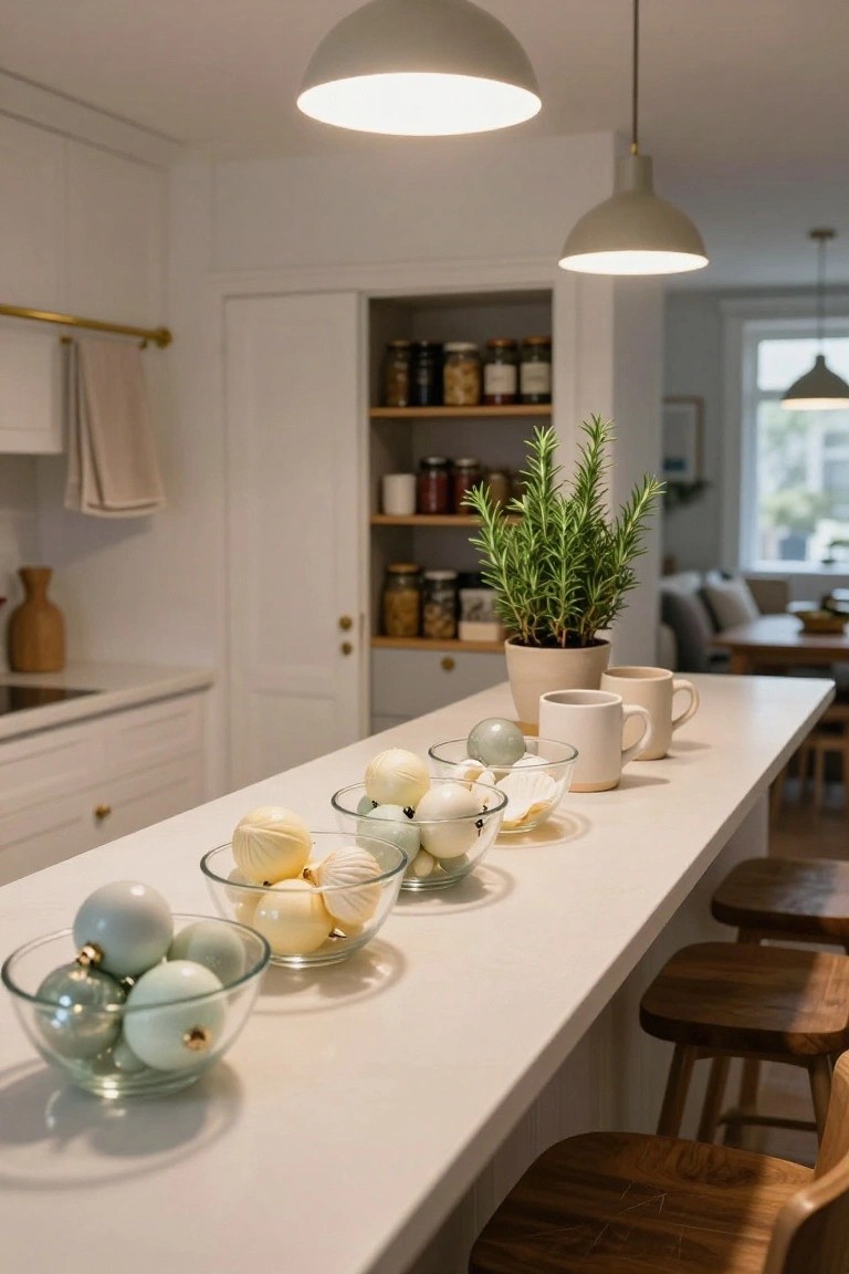 White kitchen island countertop with several clear glass bowls filled with pastel green and white Christmas ornaments, wooden bar stools along one side, and neutral mugs nearby.