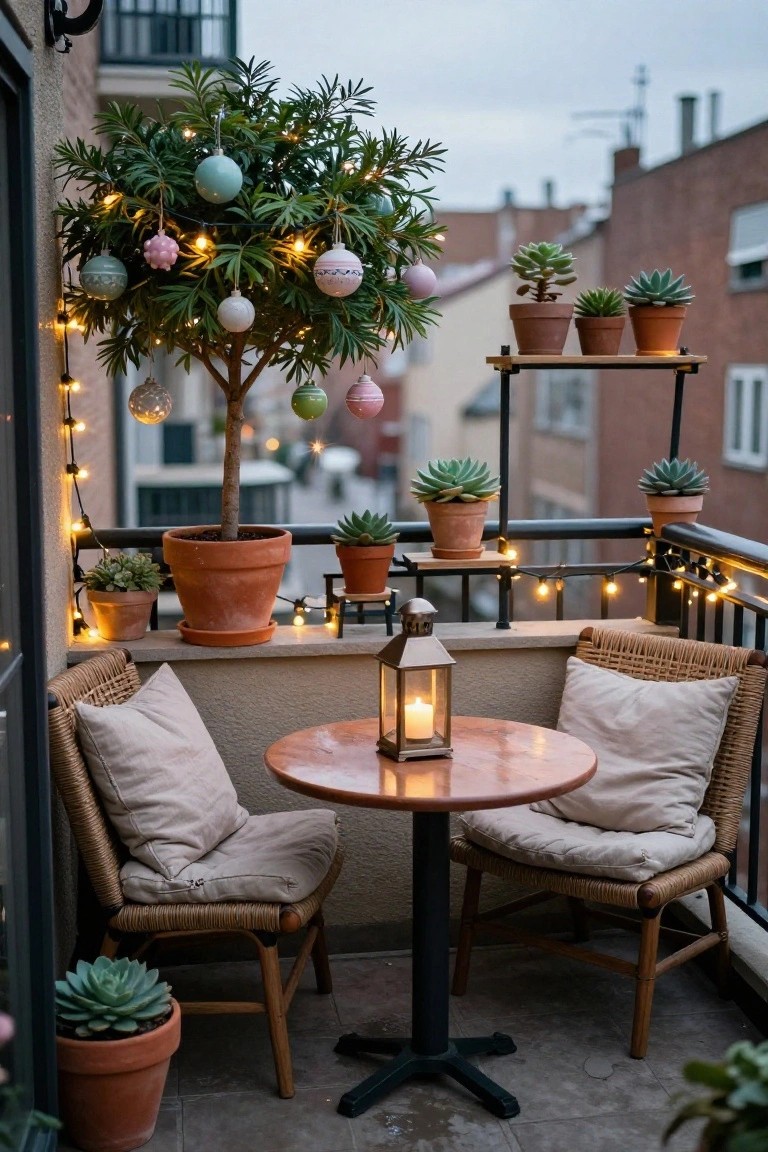 A small potted tree on a balcony decorated with pastel Christmas ornaments and string lights, alongside potted succulents, a bistro table, two wicker chairs with cushions, and a lantern.