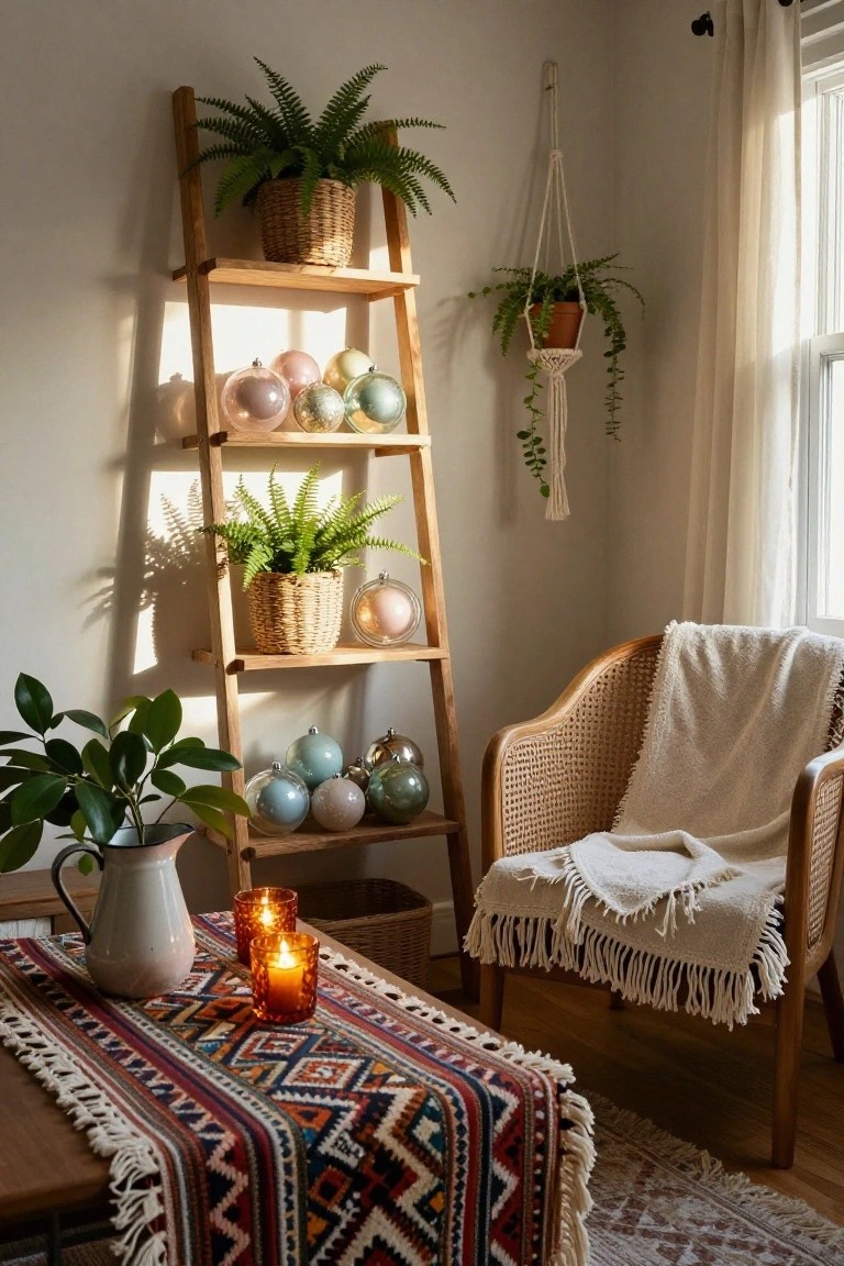 Pastel Ornaments on a Ladder Shelf